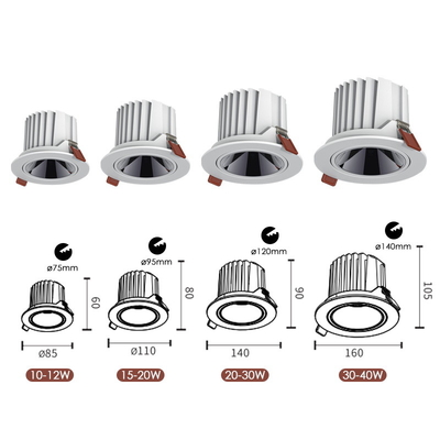 Đèn LED âm trần có thể điều chỉnh độ sáng Cob 10W 15w 20W Đèn chiếu sáng âm trần không khung chống lóa